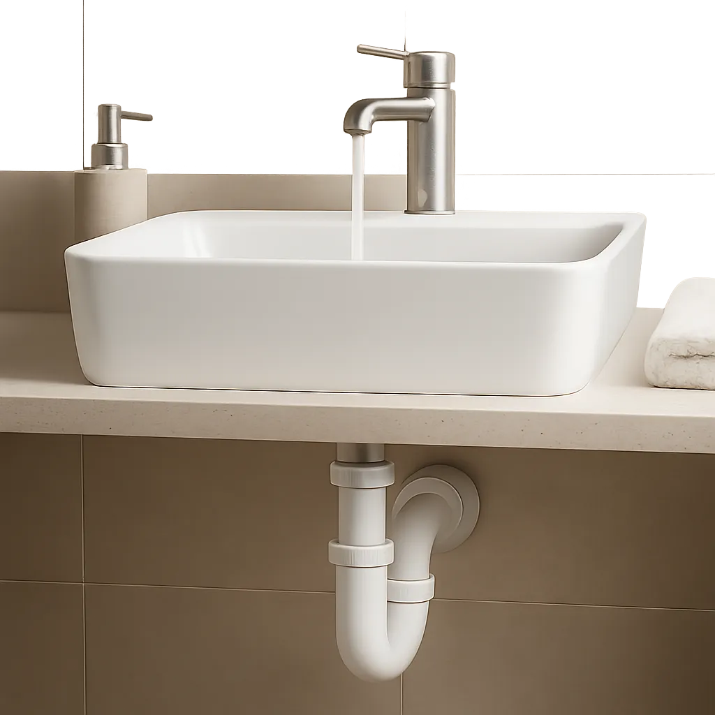 Illustration d’un siphon pour lavabo installé sous une vasque moderne, dans un espace propre et fonctionnel. L’image évoque la prévention des bouchons et des mauvaises odeurs au quotidien.